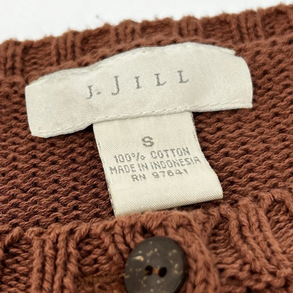 Vtg‎ J. Jill Brown Knit Button Up Sweater Drawstring Hem Cotton Sz Small *Read